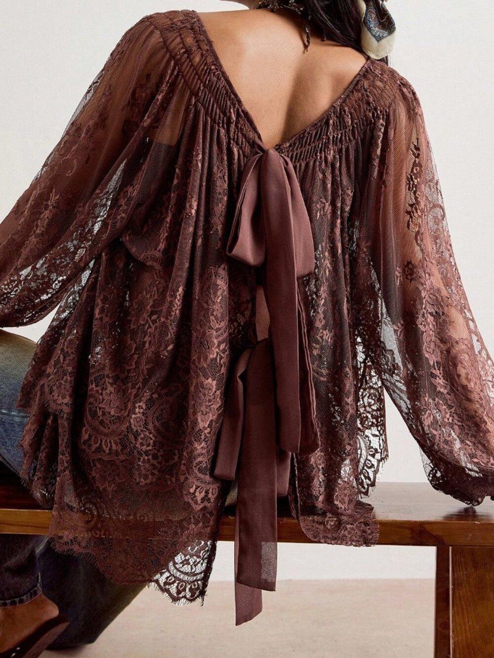 Brown Elegant Women's Ruched Knot Sheer Double Layer Bishop Top - Picture 2 of 8
